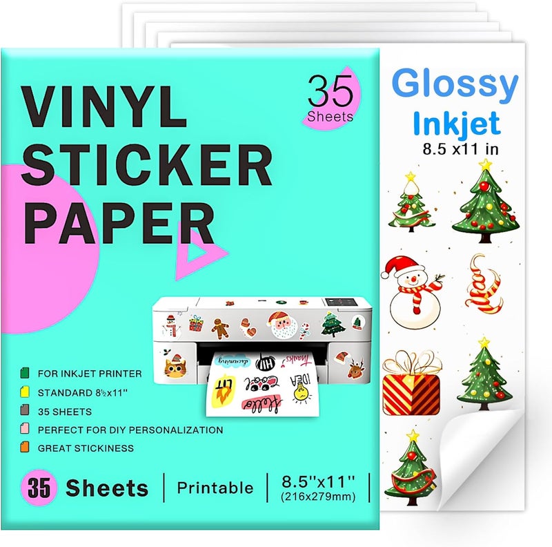 Ruibytree Printable Vinyl Sticker Paper for Inkjet Printer - 35 Sheets Glossy White - 8.5" x 11" - Waterproof Labels Paper, Dries Quickly,Vivid Colors,Tear Resistant,DIY Christmas Stickers - Image 1